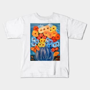 Some abstract vibrant colorful flowers in a glass vase with silver accent . Kids T-Shirt